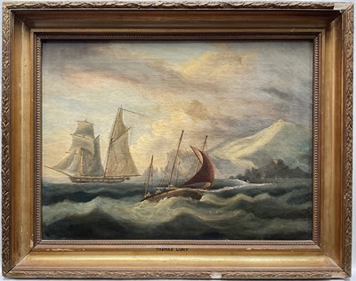 Lot 1276 - Manner of Thomas Luny (1759-1837) oil on canvas - Coastal Landscape with Vessels, 30cm x 40cm, in gilt frame