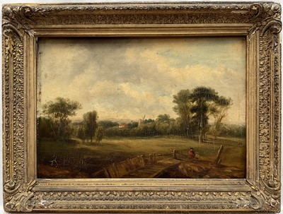 Lot 1300 - Alfred Vickers (1786-1868) oil on panel - Bridge in a Meadow near Walton on Thames, signed, inscribed verso, 19cm x 26cm, in gilt frame