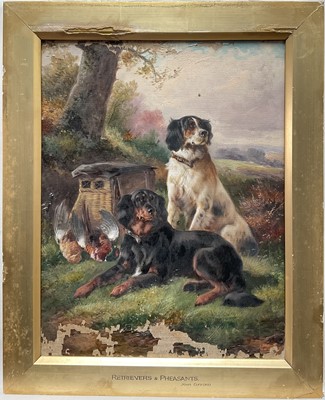 Lot 1299 - John Gifford, 19th century, oil on canvas - Retrievers and Pheasants, 45cm x 34cm, in gilt frame