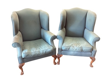 Lot 1479 - Pair of Georgian style wing chairs of bold proportions