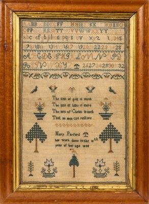 Lot 988 - Early Victorian needlework sampler, by Mary Payford in the 10th year of her age 1840, with alphabet bands and religious verse and scattered ornamentations, in glazed birds eye maple frame, total...