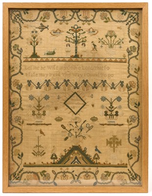 Lot 989 - George III needlework sampler, indistinctly dated and signed Hannah Williams, aged 10, with religious verse and Adam and Eve and foliate and animal ornament in main meander border, total size 45...
