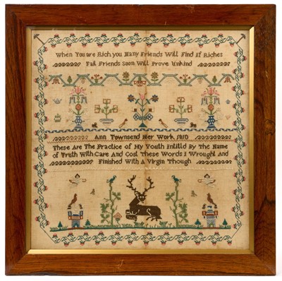 Lot 990 - George III needlework sampler, by Ann Townsend 1810, with didactic verses and animal and foliate ornament in meander border, glazed rosewood frame, total size 47 x 46cm