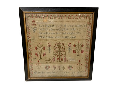 Lot 991 - George IV needlework sampler, signed and dated 1822, with didactic verse and animal and foliate motifs in meander border, glazed ebonised frame, 49 x 47cm