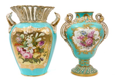 Lot 302 - Two large 19th century English porcelain vases, painted with flowers on a turquoise ground, each with scrollwork handles, 29.5cm and 32cm high