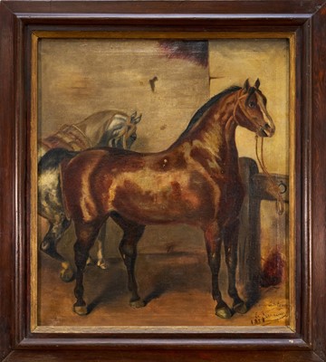 Lot 1280 - French School, 19th century, oil on canvas - Horses in a Stable, indistinctly signed, dated 1888, 61cm x 53cm, framed