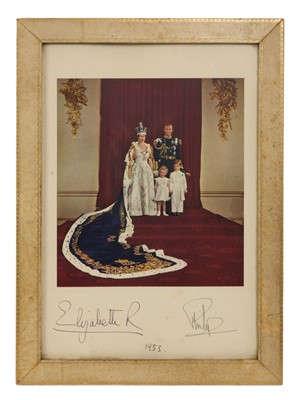 Lot 158 - H.M. Queen Elizabeth II and H.R.H. The Duke of Edinburgh, signed 1953 Coronation day portrait photograph signed in ink on mount 'Elizabeth R 1953 Philip' in glazed leather frame with easel back....