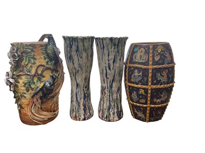 Lot 5248 - Large Cassetta Vietri barrel form vase, 53cm high, together with another large vase or stick stand with birds and flowers in relief, and a pair of large waisted vases