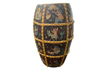 Lot 5248 - Large Cassetta Vietri barrel form vase, 53cm high, together with another large vase or stick stand with birds and flowers in relief, and a pair of large waisted vases