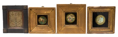 Lot 1006 - Pair of 19th century miniature embroideries, both tondo with figural scenes, one titled 'Faith, framed, total size 18 x 17cm, together with a similar George III miniature of a tomb and a miniatu...