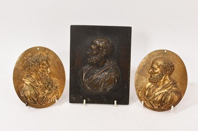 Lot 1007 - 18th / 19th century bronze relief plaque of St Peter, 17 x 13cm, together with a pair of oval gilt bronze plaques of St Peter and St Paul. (3)