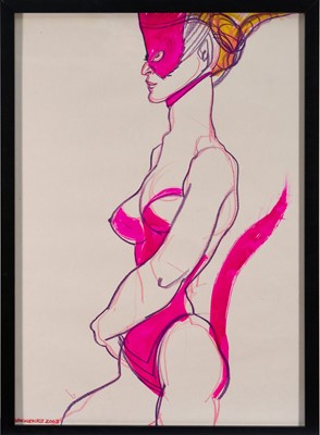 Lot 1312 - Jo Brocklehurst (1935-2006) mixed media on paper - Fashion Design, signed and dated 2003, 58cm x 41cm, framed