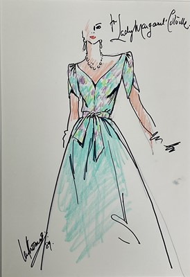 Lot 1313 - Ian Thomas (1929-1993) fashion design for Lady Margaret Colville, signed and dated '89 and inscribed, 29cm x 20cm, mounted