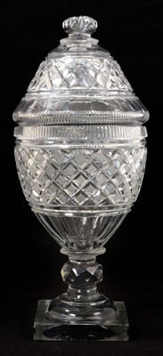 Lot 332 - Large Regency cut glass vase and cover, diamond cut with fluted borders, on square base, of dark metal, 36.5cm high