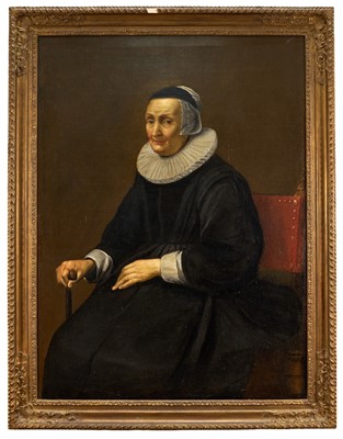 Lot 1044 - Manner of Quiringh Gerritsz van Brekelenkam (1622-1668), oil on canvas - Portrait of a seated Lady in a Ruff, 112cm x 83cm, in gilt frame