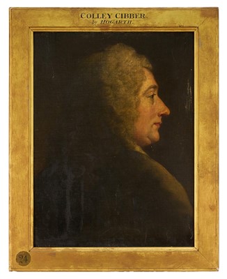 Lot 1147 - Manner of William Hogarth (1697-1764) oil on canvas - Profile Portrait, possibly Sir James Thornhill, 56cm x 42cm, the gilt frame named to Colley Cibber