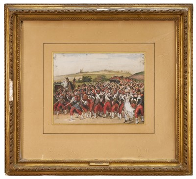 Lot 1047 - Attributed to Frédéric Regamey (1849-1925) ink and watercolour - Marching Soldiers, inscribed verso, 26cm x 34cm, in glazed gilt frame.
