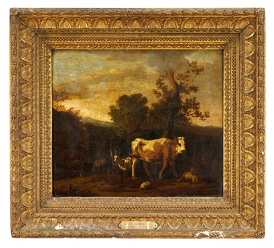 Lot 1046 - Attributed to Jan Baptist Kobell (1778-1814) oil on panel - Livestock in a Landscape, 40cm x 46cm, in gilt frame. Provenance: The Rt. Hon. James Hozier, 2nd Baron Newlands, of Newlands a...