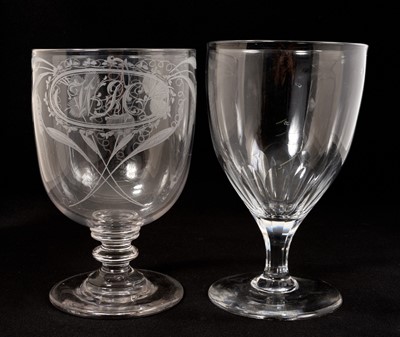 Lot 334 - Very large 19th century rummer or goblet, engraved with hops and barley, and initials in an oval cartouche, 20.5cm high, together with another oversized goblet with facet cut bowl, 21cm high (2)...