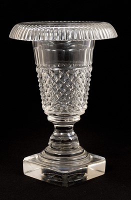 Lot 335 - 19th century cut glass urn with downturned rim, on canted square base, 25cm high