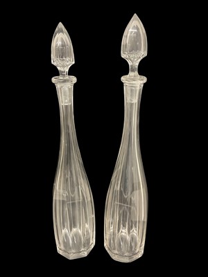 Lot 307 - Pair of large antique facet cut glass decanters, of slender form, believed to be for vodka, 46cm high