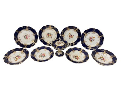 Lot 5059 - 19th century Staffordshire dessert service, painted with flowers on a cobalt blue and gilt ground, consisting of four plates, four comports, and a tureen and cover