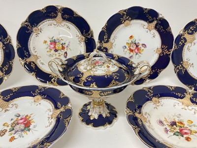 Lot 5059 - 19th century Staffordshire dessert service, painted with flowers on a cobalt blue and gilt ground, consisting of four plates, four comports, and a tureen and cover
