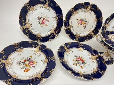 Lot 5059 - 19th century Staffordshire dessert service, painted with flowers on a cobalt blue and gilt ground, consisting of four plates, four comports, and a tureen and cover