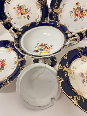 Lot 5059 - 19th century Staffordshire dessert service, painted with flowers on a cobalt blue and gilt ground, consisting of four plates, four comports, and a tureen and cover