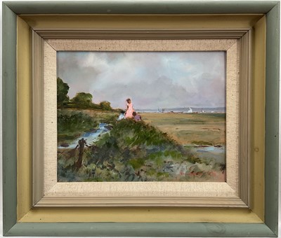 Lot 1310 - Dave Ross, Contemporary, oil on board - 'The Pink Dress, West Mersea', signed and dated '26, 19cm x 24cm, in painted frame