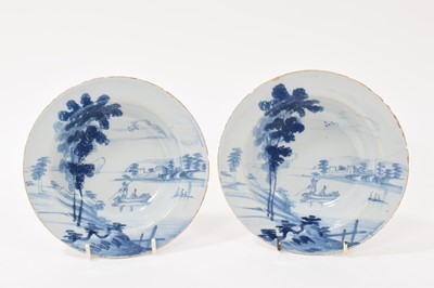 Lot 317 - Pair of 18th century English Delft ware bowls, possibly Bristol, each with blue and white decoration of boats on a river, each 17.4cm in diameter