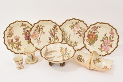 Lot 314 - Royal Worcester blush ivory dessert wares, including four plates and a comport, egg cup, goose egg cup, and a basket (8)