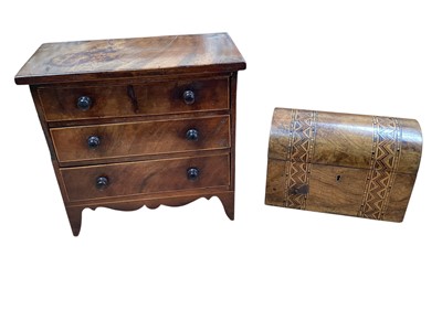 Lot 5069 - Georgian style mahogany miniature chest of three drawers, 28cm tall x 29cm wide x 15cm deep together with a tea caddy
