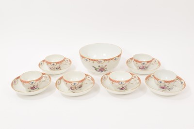 Lot 324 - 18th/19th century Furstenberg porcelain tea set, comprising six cups and saucers, and a bowl, painted with flowers, with red trellis border, underglaze blue 'F' marks, the saucers 13cm diameter ...