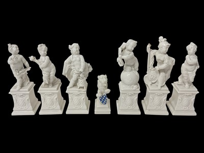 Lot 325 - Set of six 19th century Nymphenburg white glazed emblematic figures, impressed marks, approx 17cm high, together with a Nymphenburg heraldic lion (7)
