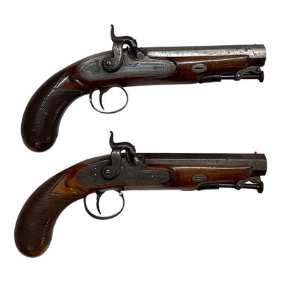 Lot 856 - Pair of 19th century 16 bore percussion pistols by Staudenmayer, London, the damascus barrels engraved with maker's name, front bead sights and rear groove sights