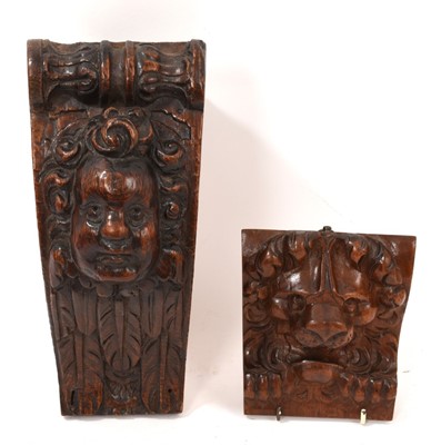 Lot 1018 - 17th century carved oak bracket, and a walnut mask