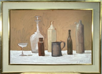 Lot 321 - Peter Collins (1923-2001) pencil and oil on board - Still Life Bottles, signed and dated '75, 50cm x 75.5cm, framed