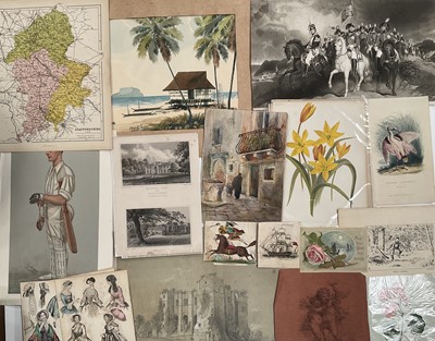 Lot 1322 - Large collection of 18th, 19th century and later engravings, watercolours, pencil sketches and other works including botanical, country houses, engraved book plates, maps and other unframed work...