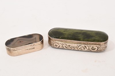 Lot 1026 - Edwardian silver and carved green hardstone snuff box, Birmingham 1902, 9cm long, together with a small modern silver and agate lidded box. (2)