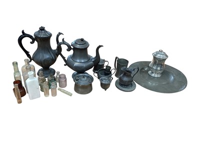 Lot 5088 - Group of pewter to include cups, teapots, etc, together with some antique glass bottles