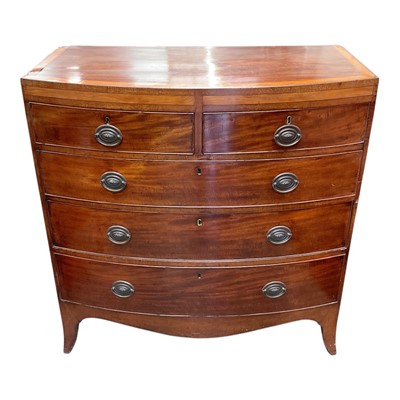 Lot 1487 - George III mahogany bowfront chest, with satinwood banded top and two short over three long graduated drawers, each with original brass fittings, on splayed bracket feet, 99cm wide x 50cm deep x...