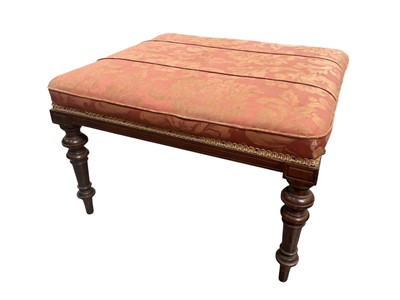 Lot 1488 - Victorian Scottish mahogany stool, by R. Whytock & Co. Edinburgh, with silk damask floral upholstery on turned supports, stamped marks to underside, 56 x 63cm