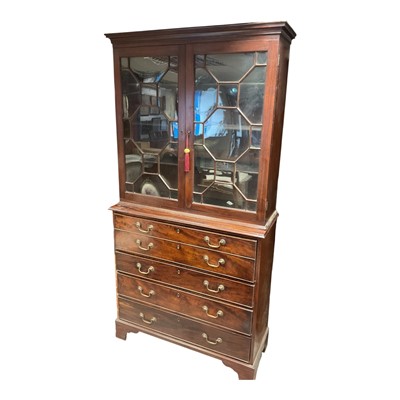 Lot 1489 - George III mahogany secretarie bookcase, with moulded cornice and adjustable shelves enclosed by pair of astragal glazed doors, the upper base with fitted fall-front secretaire drawer and three...