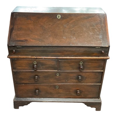 Lot 1374 - Rare George I pine bureau, in two parts, the upper section with hinged fall front enclosing a fitted stepped interior of drawers, pigeonholes and secret compartments about central cupboard with...