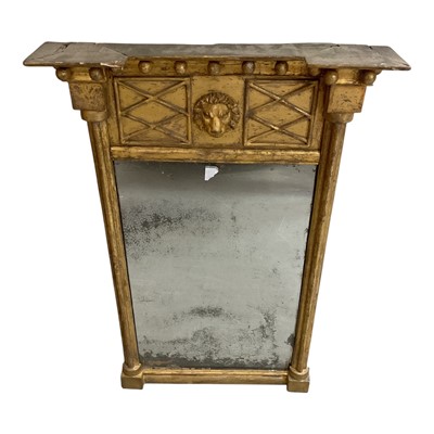 Lot 1494 - Small Regency gilt pier mirror, having original rectangular mirrored plate flanked by cluster columns with lion mask frieze, 70 x 46cm