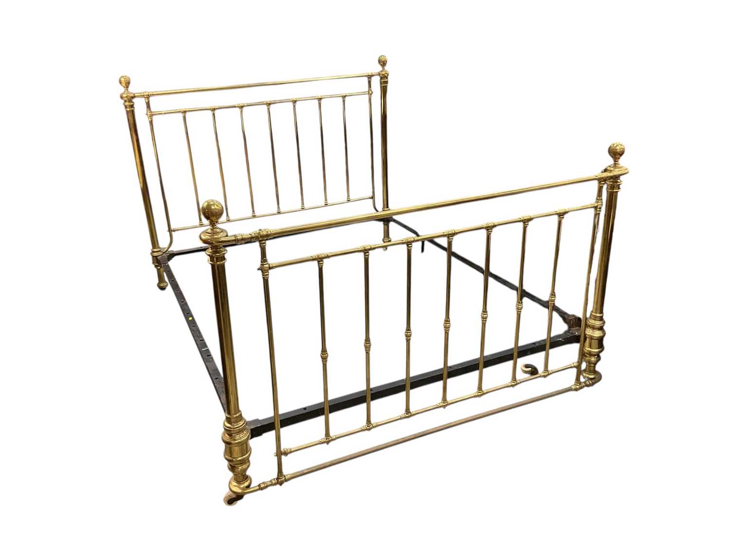 Lot 5391 - Extremely large Victorian brass bed, having bar ends raised on castors, approximately 193cm wide x 242cm long. Inner measurements approximately 222cm x 183cm