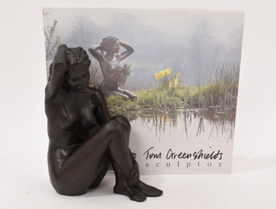 Lot 1039 - Tom Greenshields (1915-1994) cold cast bronze resin, Rosie holding hair, signed to the cast, 16cm high, together with a Thompson's Gallery brochure featuring this work