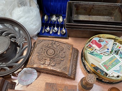 Lot 5093 - Sundry items, including antique spectacles, Black Forest and other treen items, costume jewellery, linen, etc