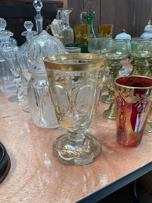 Lot 5094 - Group of antique and later glassware, including a Bohemian cut glass goblet engraved with cameos of German landmarks, collection of roemer glasses, decanters, etc